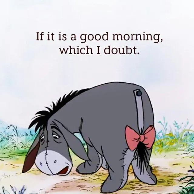An illustration of Eeyore the donkey saying "If it is a good morning, which I doubt"